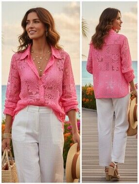 Tradition XL Soft Romantic Resortwear Feminine Floral Burnout Button Down Shirt